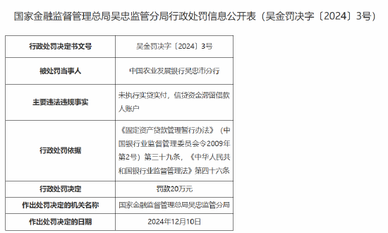 中国农业发展银行吴忠市分行被罚20万元：未执行实贷实付 信贷资金滞留借款人账户